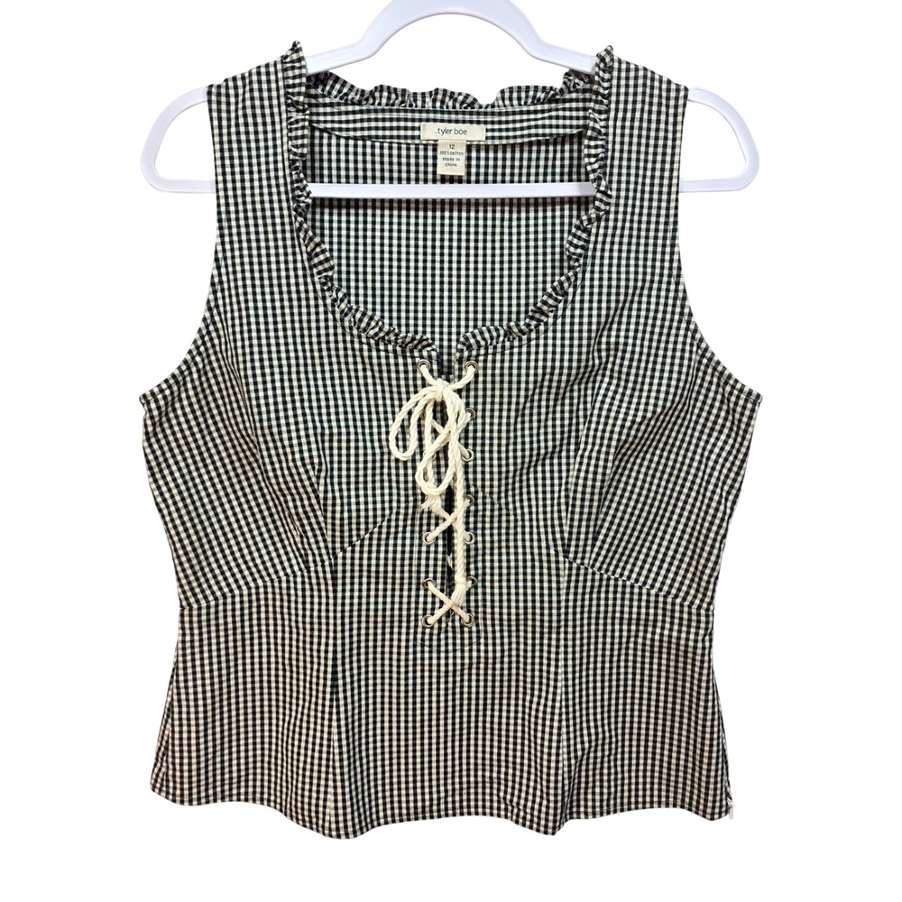 Tyler Boe Gingham Corset Top Womens 12 Cottagecore Lace Up Black White Ruffle